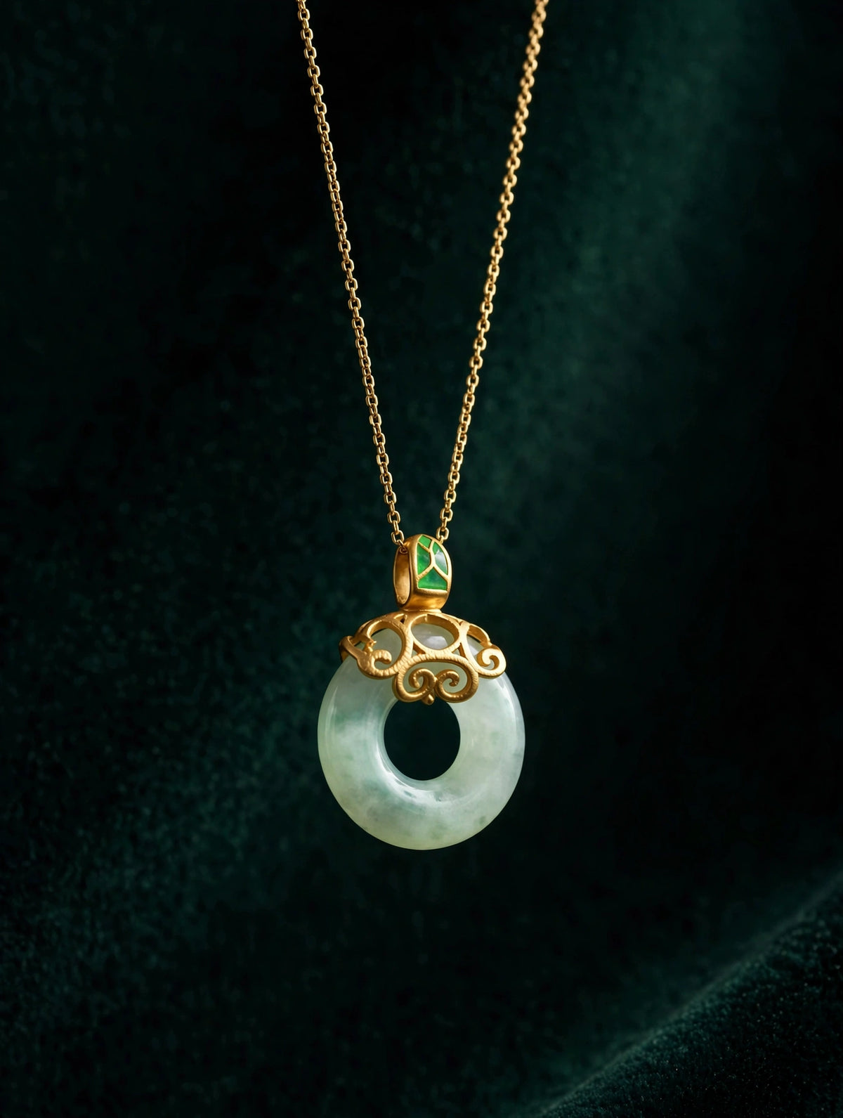 Jade Donut Necklace with Gold Filigree Bail
