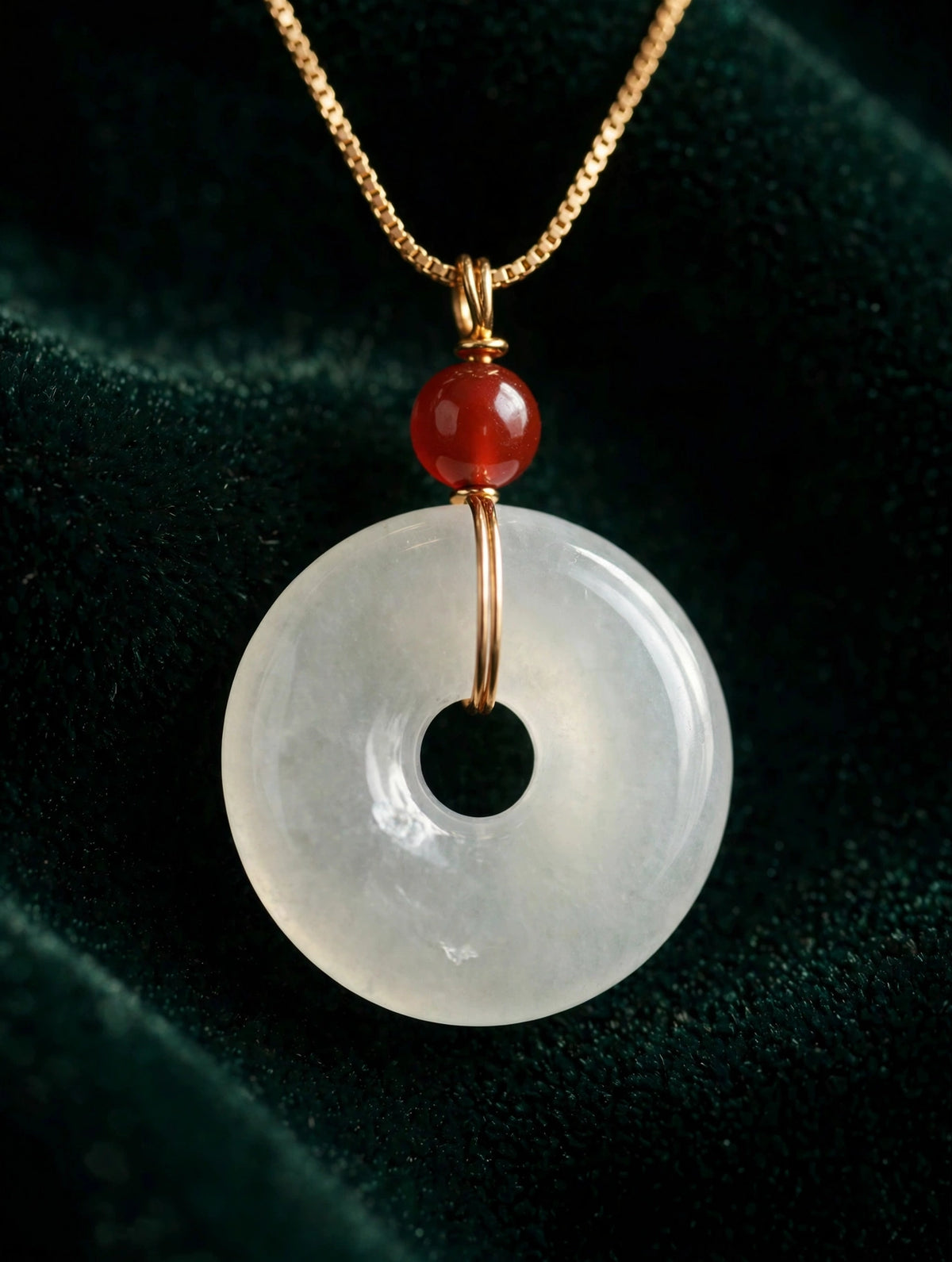 White Jade Donut Necklace with Red Bead Accent