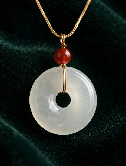 White Jade Donut Necklace with Red Bead Accent