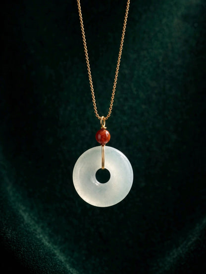 White Jade Donut Necklace with Red Bead Accent