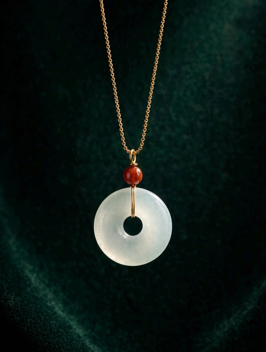 White Jade Donut Necklace with Red Bead Accent
